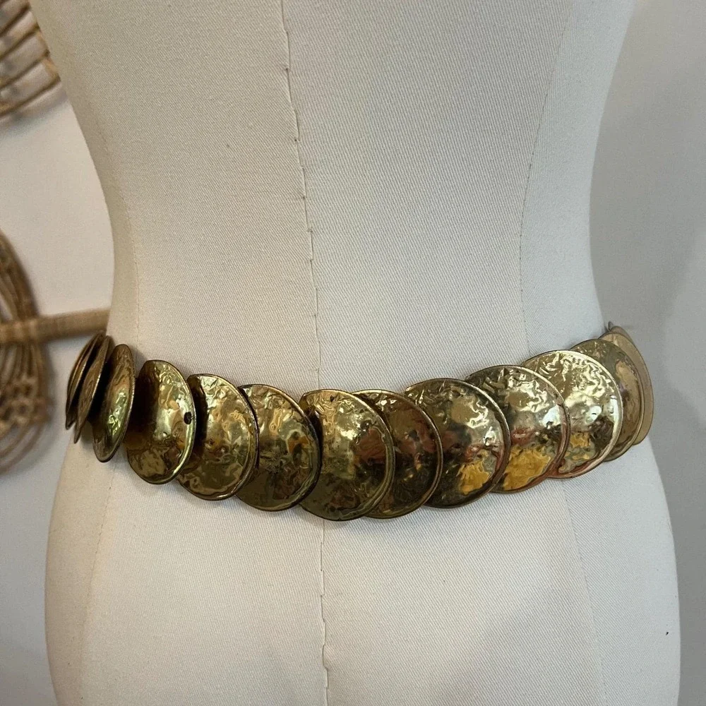 Vintage Gold Disc Belt Hammered Medallion Stretch Waist Belt Boho XL
